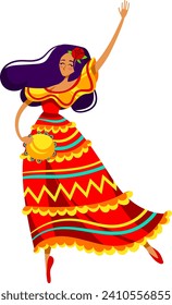 Bailarina latina con un colorido vestido tradicional disfrutando de la danza popular. Expresión alegre, conjunto festivo con ilustración vectorial de acento floral.