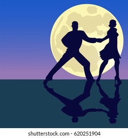 Latina dancing silhouettes in moonlight. Full supermoon. Vector illustration.
