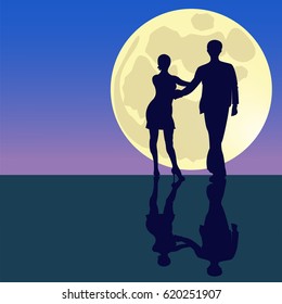 Latina dancing silhouettes in moonlight. Full supermoon. Vector illustration.
