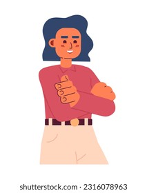 Los brazos de emprendedores latinos cruzados con confianza de carácter vector colorido y semi plano. Chica segura de sí misma. Media persona de cuerpo editable en blanco. Ilustración simple de dibujos animados para el diseño gráfico web