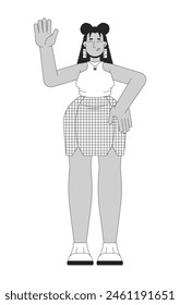 Latina female with overweight raising hand black and white 2D line cartoon character. Plus sized hispanic woman greeting isolated vector outline person. Curvy lady monochromatic flat spot illustration