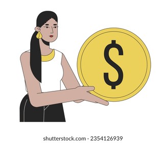 Latina girl with golden coin flat line color vector character. Editable outline half body person with savings on white. Simple cartoon spot illustration for web graphic design