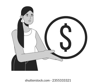 Latina girl with golden coin flat line black white vector character. Editable outline half body person with savings. Simple cartoon isolated spot illustration for web graphic design