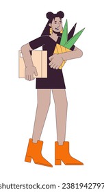 Latina girl happy quitting job 2D linear cartoon character. Hispanic young adult woman holding houseplant isolated line vector person white background. Happy resignation color flat spot illustration