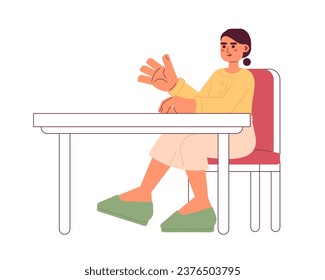 Latina girl sitting at desk 2D cartoon character. University student hispanic woman gesturing isolated vector person white background. Latinamerican schoolgirl at table color flat spot illustration