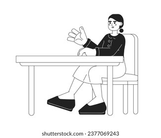 Latina girl sitting at desk black and white 2D cartoon character. University student hispanic woman gesturing isolated vector outline person. Schoolgirl at table monochromatic flat spot illustration