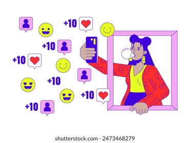 Latina girl taking selfie for social media 2D linear cartoon character. Hispanic young woman smartphone isolated line vector person white background. Fashion influencer color flat spot illustration