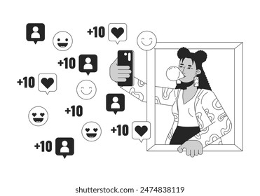 Latina girl taking selfie for social media black and white 2D line cartoon character. Hispanic woman smartphone isolated vector outline person. Fashion influencer monochromatic flat spot illustration