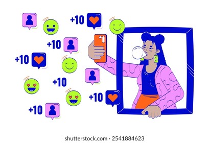 Latina girl taking selfie for social media doodle illustration concept. Gum bubble influencer gen z. Hispanic young woman smartphone cartoon 2D character isolated on white. Hand drawn vector drawing