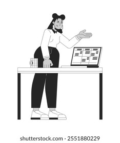 Latina office worker explaining data table on laptop black and white 2D line character. Business casual employee standing behind desk isolated vector outline person. Monochromatic spot illustration