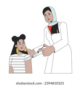 Latina student vaccination female doctor 2D linear cartoon characters. Muslim hijab medic procedure injecting isolated line vector people white background. Vaccine color flat spot illustration