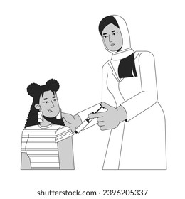 Latina student vaccination female doctor black and white 2D line cartoon characters. Muslim hijab medic procedure injecting isolated vector outline people. Vaccine monochromatic flat spot illustration