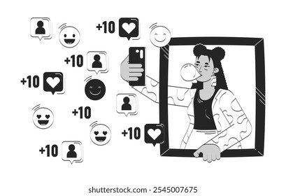 Latina taking selfie for social media doodle line illustration concept. Gum bubble influencer gen z. Hispanic young woman smartphone 2D outline character isolated. Hand drawn ink drawing monochrome