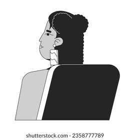 Latina university student sitting in chair behind flat line black white vector character. Editable outline half body person. College life simple cartoon isolated spot illustration for web design