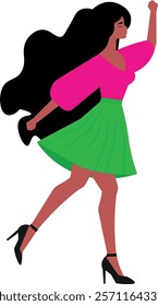 Latina woman, with arms up illustration, Latina, with green skirt, and pink blouse