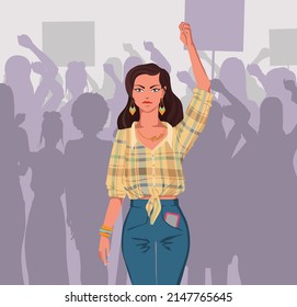 Latina woman participating in the march of women fighting for their rights. Feminists participate in the rally. Vector illustration.