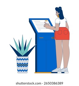 Latina mulher usando o autoatendimento bancário quiosque 2D ilustração vetorial. Cliente feminino interage com tela sensível ao toque caractere plano terminal de pagamento isolado no fundo branco. Imagem colorida em desenho animado