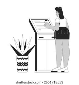 Latina mulher usando auto serviço bancário quiosque esboço ilustração. Cliente feminino interage com tela sensível ao toque terminal de pagamento 2D caractere de linha isolado em branco. Imagem linear de tinta vetorial monocromática