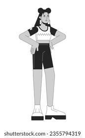 Latina woman in workout clothes flat line black white vector character. Editable outline full body person. Leggings young adult female simple cartoon isolated spot illustration for web design