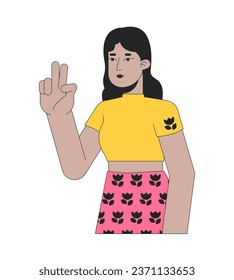 Latina young adult with two fingers up 2D linear cartoon character. Hispanic lady selfie taking isolated line vector person white background. Nonverbal communication color flat spot illustration