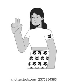 Latina young adult with two fingers up black and white 2D line cartoon character. Hispanic lady selfie taking isolated vector outline person. Nonverbal gesture monochromatic flat spot illustration