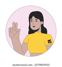 Latina young adult with two fingers up 2D line vector avatar illustration. Hispanic lady selfie taking outline cartoon character face. Nonverbal communication flat color user profile image isolated