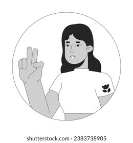 Latina young adult with two fingers up black and white 2D vector avatar illustration. Hispanic lady selfie taking outline cartoon character face isolated. Nonverbal gesture flat user profile image