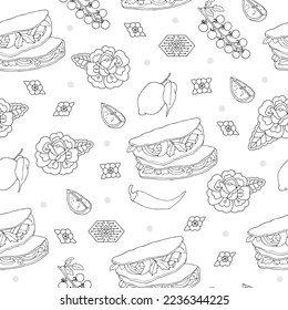 Latinamerican food linear black and white hand drawn seamless pattern