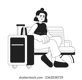 Latinamerican girl with luggage sitting monochromatic flat vector character. Editable full body person going on vacation on white. Simple bw cartoon spot image for web graphic design