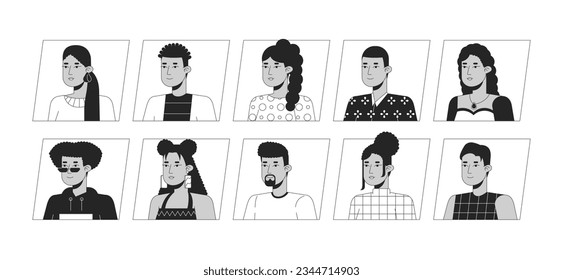 Latinamerican people black white cartoon avatar icons bundle. Editable 2D user portraits linear illustrations. Isolated vector face profile cliparts. Userpic collection, people head and shoulders