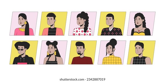 Latinamerican people flat color cartoon avatar icons bundle. Editable 2D user portraits linear illustrations. Isolated vector face profile cliparts. Userpic collection, people head and shoulders