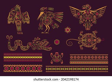 Latino American poncho ornament vector for greeting card. Parrot, cockatoo, eagle, toucan illustration embroidery. National Hispanic Heritage Month. Turtle, dragon, snake and ibis are shown.