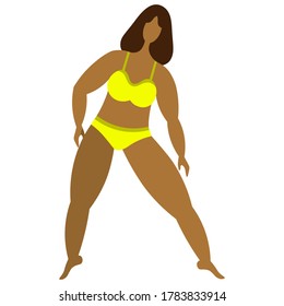 Latino American woman goes in for sports. Girl in a yellow bikini. Body positive. Vector illustration. Isolated white background. Flat style. Lady with bob hairstyle. Love for your body. Plus size.