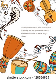 Latino card. Frame of latino musical instruments. Latino background can be used as invitation card for wedding, birthday and other holiday and musical background. Vector illustration.