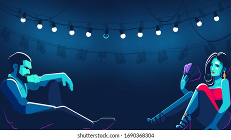 Latino couple sitting opposite each other. Flat style neon illustration on dark bleu background