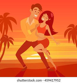 Latino dancer on beach vector illustration. Cuban couple of happy woman and man. Salsa, samba, bachata or zouk dance. Poster for festival dates, Latino. Social salseros flat style