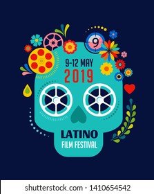 Latino film festival, cinema and movie poster, creative retro vector design concept