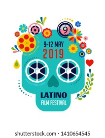 Latino film festival, cinema and movie poster, creative retro vector design concept