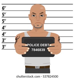 Latino gangster with tattoos holding mugshot