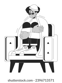 Latino man in armchair sitting under blanket black and white 2D line cartoon character. Freezing guy shivering isolated vector outline person. Cold temperatures monochromatic flat spot illustration