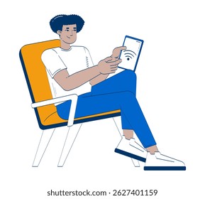Latino man controlling smart devices via tablet 2D doodle character. IoT user seated comfortably, holding wifi screen cartoon person vector drawing isolated on white. Hand drawn illustration colorful