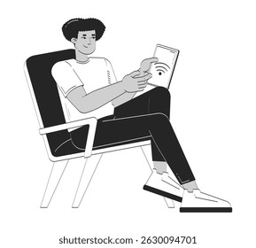Latino man controlling smart devices via tablet doodle linear character. IoT user seated comfortably, holding wifi screen 2D vector outline person isolated. Hand drawn drawing illustration monochrome