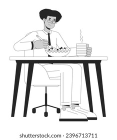 Latino man employee eating healthy food black and white 2D line cartoon character. Male latin american worker isolated vector outline person. Company lunchtime monochromatic flat spot illustration