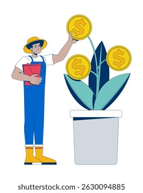 Latino man farmer growing coin plant 2D cartoon character. Nurturing financial investment. Gardener tending sprouting money in pot flat vector person isolated on white. Spot illustration colorful