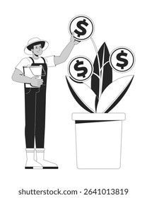 Latino man farmer growing coin plant 2D line character. Nurturing financial investment. Gardener tending sprouting money in pot isolated vector ink outline person. Monochromatic spot illustration