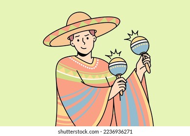 Latino man in national costume, sombrero plays maracas. Guy in traditional mexican outfit, wide-brimmed hat, holds chac-chac, shakers or cuban rattles. Vector thin line colored illustration.