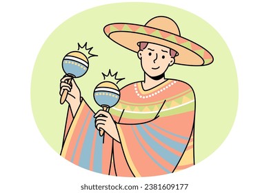 Latino man in national costume, sombrero plays maracas. Guy in traditional mexican outfit, wide-brimmed hat, holds chac-chac, shakers or cuban rattles. Vector thin line colored illustration.