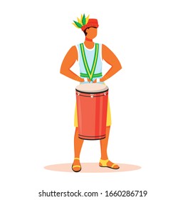 Latino man in singlet and hat flat color vector faceless character. Brazil carnival. Samba music. Standing male playing on tumbadora isolated cartoon illustration for web graphic design and animation