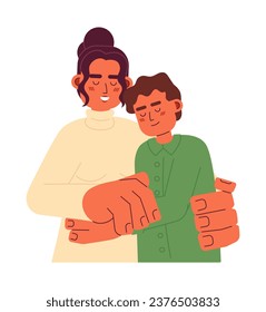 Latino mom teen son hugs 2D cartoon characters. Hispanic mother embracing consoling boy isolated vector people white background. Motherhood concept. Grateful thank you color flat spot illustration