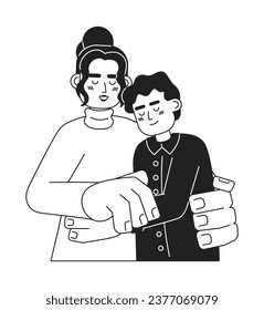 Latino mom teen son hugs black and white 2D cartoon characters. Hispanic mother embracing consoling boy isolated vector outline people. Grateful thank you monochromatic flat spot illustration